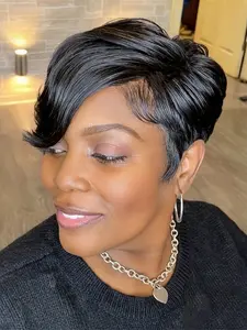 short straight human hair wig pixie layered wig black color pixie cut machine made pixie wig daily party use human hair wig for women stylish gift wig Natural Human Hair