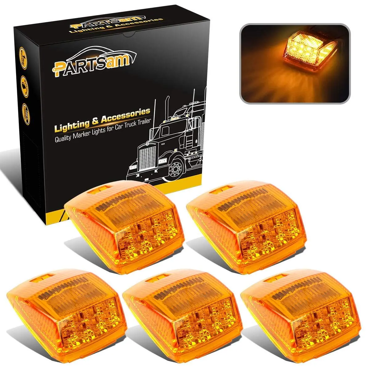 Partsam Amber LED Cab Marker Top Roof Lights Assembly For Kenworth Peterbilt Freightliner
