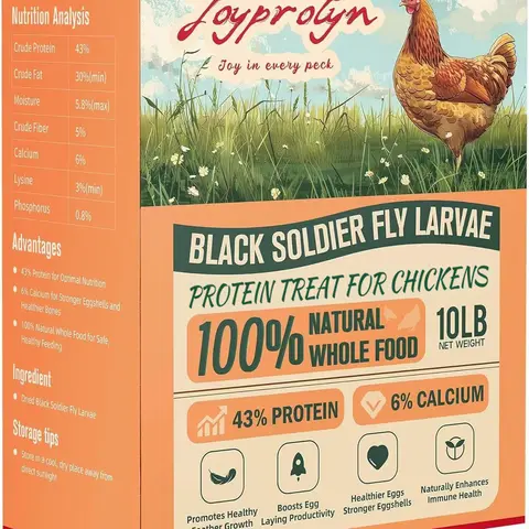 Joyprotyn 1/10lb Non-GMO Black Soldier Fly Larvae Dry Food - 43% High Protein, 6% Calcium, Gluten-Free, Natural Universal All Ages Poultry Food with Molting Support, Eco-Friendly for Chickens, Geese (85X More Calcium Than Mealworms for Strong Eggshells),
