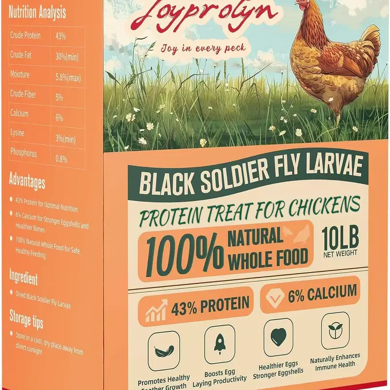 Joyprotyn 1/10lb Non-GMO Black Soldier Fly Larvae Dry Food - 43% High Protein, 6% Calcium, Gluten-Free, Natural Universal All Ages Poultry Food with Molting Support, Eco-Friendly for Chickens, Geese (85X More Calcium Than Mealworms for Strong Eggshells),