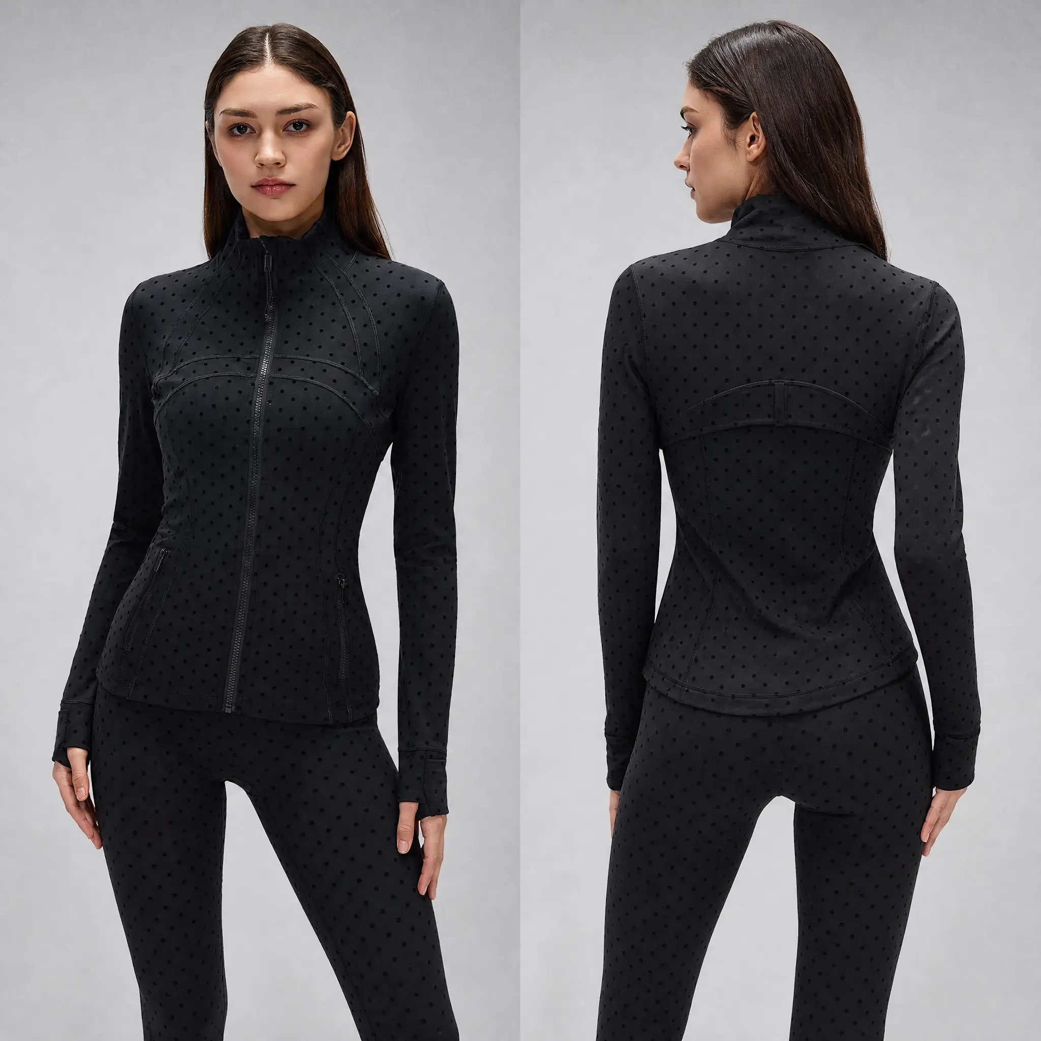 Women’s Polka Dot 2-Piece Athletic Set (Size Up For Better Fit) - Full-Zip Stand Collar Thumb Hole Long Sleeve Jacket, High Waist Leggings | Women's Workout Sets, 2 Piece Clothes, Daily Gym Wear