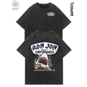 Unisex Ron Jon Surfboard Shark Pattern Washed T-Shirt |     100% premium cotton |     Loose fit |     Retro Beach Surfing Aesthetics |     Y2K casual streetwear |     Fashionable summer vacation tops |     Fashion trends