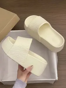 Cream Textured Platform Slides - Minimalist Design, Height Boost, Soft Non-slip Sole, Perfect for Summer Casual & Vacation Looks!