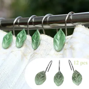 12pcs Rustproof Metal Green Leaf Decorative Shower Curtain Hooks - Plant Theme Bathroom Accessories for Spring Gift Flower