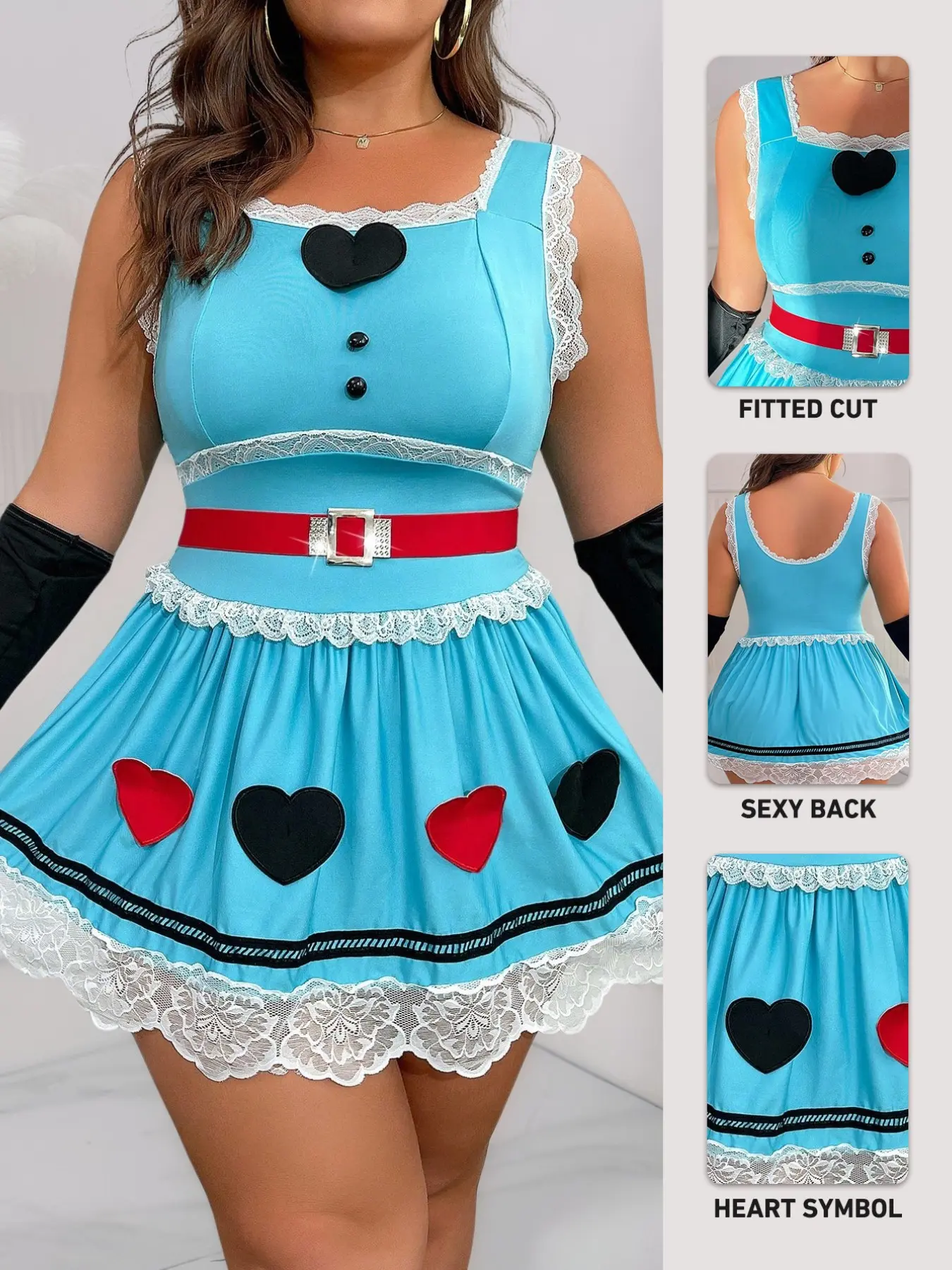Valentine's Day Plus Size Women's Fitted Cosplay Costume Set, Snow Princess Bra Dress No Underwire, Sleeveless Heart Pattern, 4 Piece Outfit Underwear Clothes