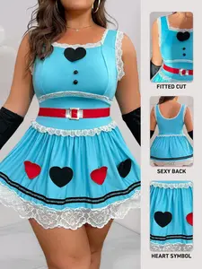 Valentine's Day Plus Size Women's Fitted Cosplay Costume Set, Snow Princess Bra Dress No Underwire, Sleeveless Heart Pattern, 4 Piece