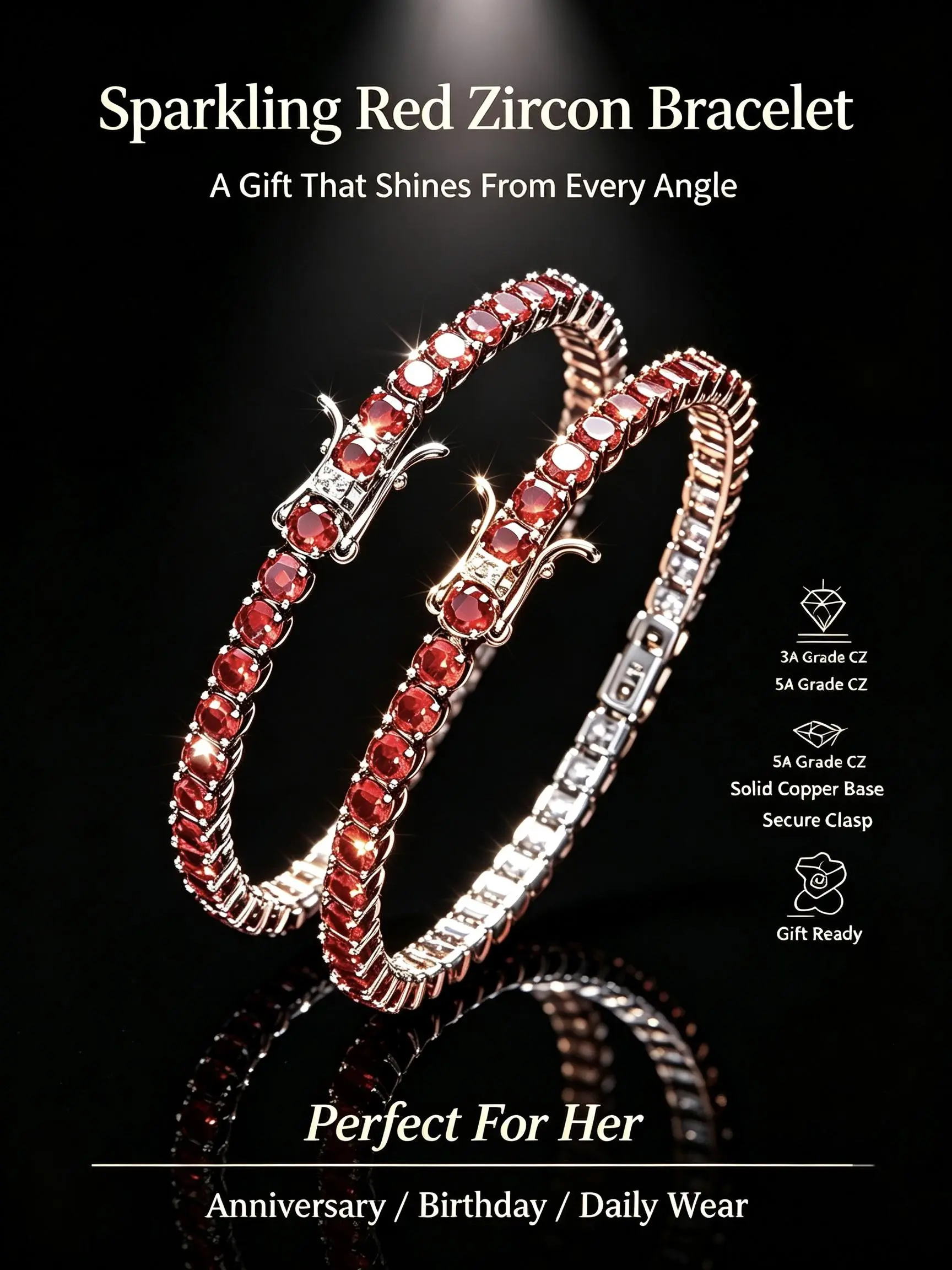Hip Hop Tennis Bracelet for Men & Women, Single Row Copper Chain with 4mm Red AAA Grade Cubic Zirconia Stones, Casual Daily Accessory in 7 & 8 Inch, Unisex, Versatile, Affordable Luxury