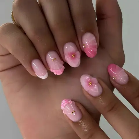 24pcs Short Oval French Gel Shell Flower Gold Pearl Nails, Acrylic Press-On False Nails, Flower Design Nails, Diy Fake Nails, Diy Nails Art, Includes Jelly Glue and Nail File, Nail Set