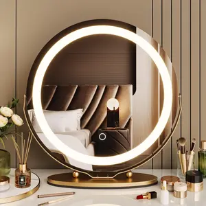 Vanity Mirror with Lights, 19 inch Makeup Mirror with Lights, Smart Touch Control 3 Colors Dimmable Vanity Mirror, 360°Rotation Round Vanity Mirror for Bedroom, Bathroom, Gold Set Glass