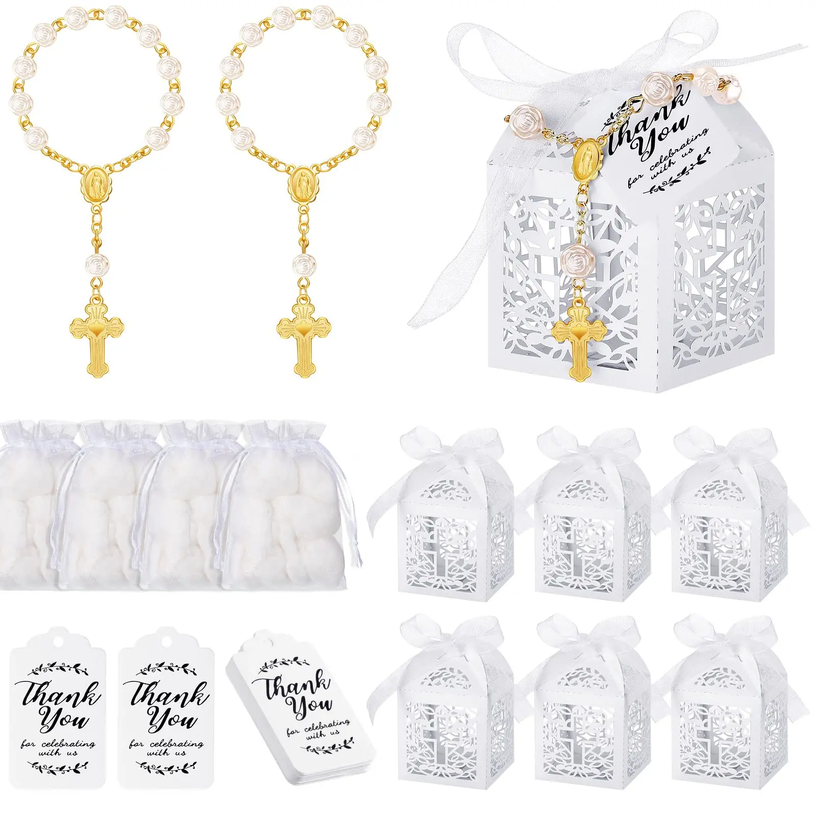 100 Pcs Baptism Favors Set Includes 25 Pcs Mini Rosary,Laser Cut Baptism Favor Boxes,White Organza Bags and 25 Pcs Thank You Tags for Halloween Christmas Wedding Party Supplies,Father's Day Gift