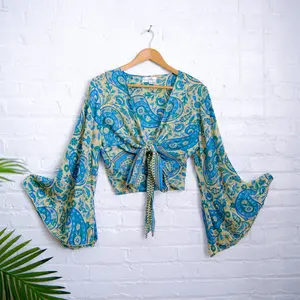 Bell Sleeve  Tie Top, Bohemian Wrap Top, 3 Way  Tie Hippie Boho Blouse, Flare Sleeves, Paisley Print, 70s Top, Silk Retro Top, Whimsical Fashion, Plus Size Inclusive , Crop Top, Ethereal Outfit