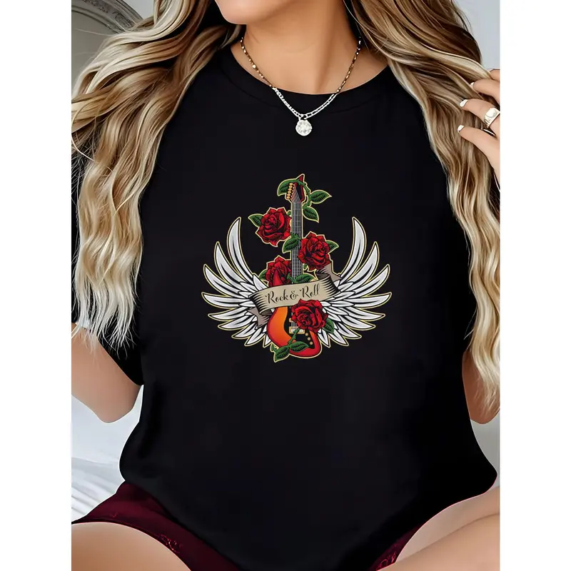 100% Cotton Tshirt Breathable Knitted Medium Short StreetwearGuitar Wings Roses Rock and Roll Vintage Music Design T-Shirt graphic tees women crop tops summer outfits for women summer tops T-Shirt