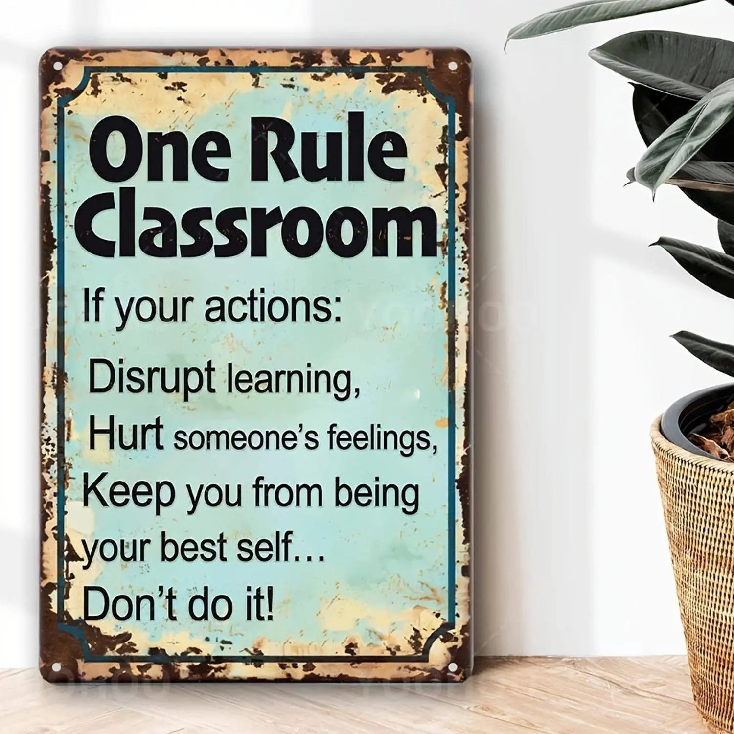Prints Vintage Style Inspirational Metal One Rule Classroom Art Positive Message School Home Teal Distressed Edge Classroom Decorative Wall Hanging