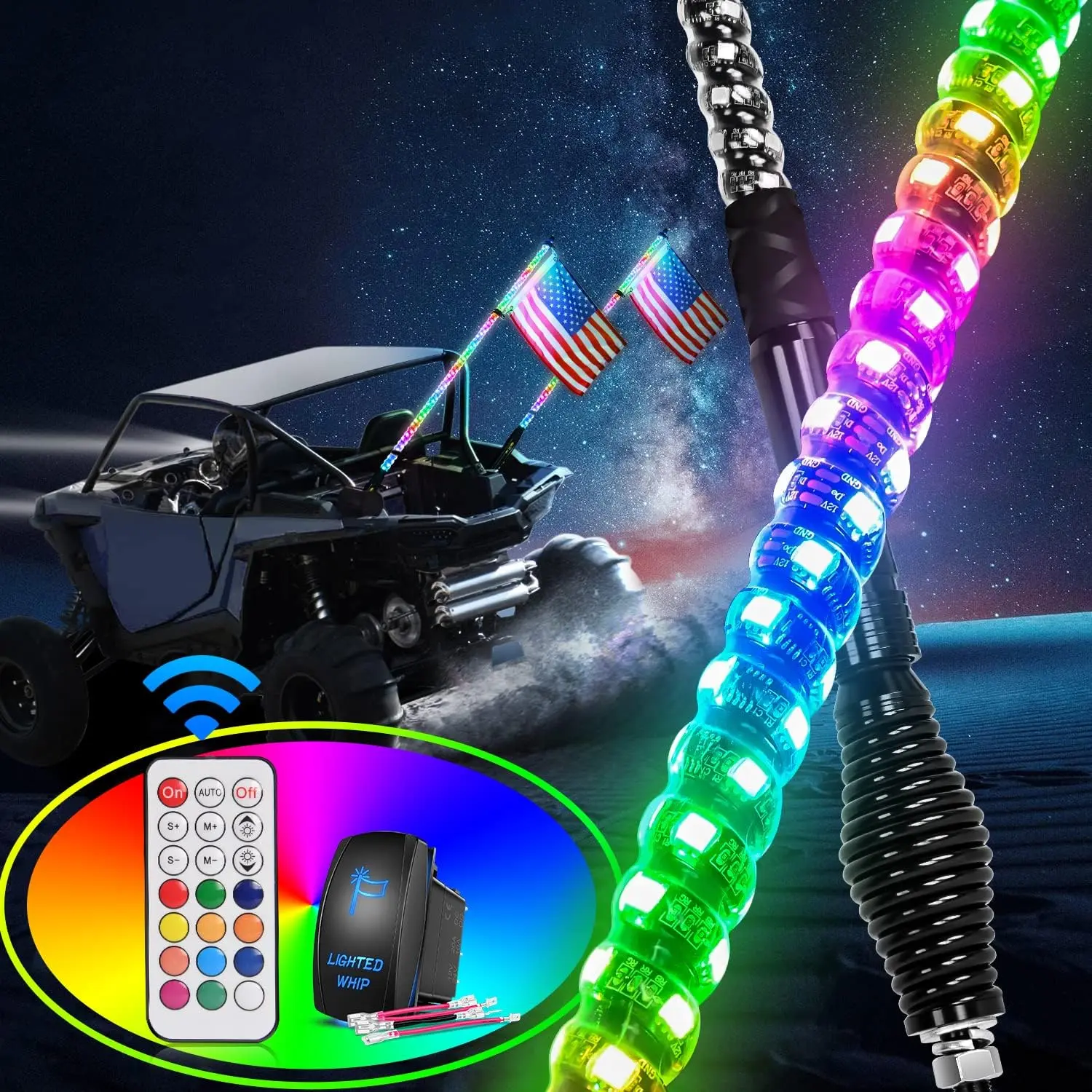 Nilight TL-27 2Pcs 4FT Waterproof Spiral RGB LED Whip Lights - Led Outdoor Waterproof Chasing/Dancing Antennas with RF Remote Control & Spring Base for Can-Am, Polaris, RZR Led Barrel Led Backlight