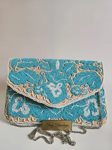 Blue and White Beaded Clutch Bag, Embroidered evening bag, Floral clutch purse, Women's party bag, Elegant formal clutch, Handmade bag