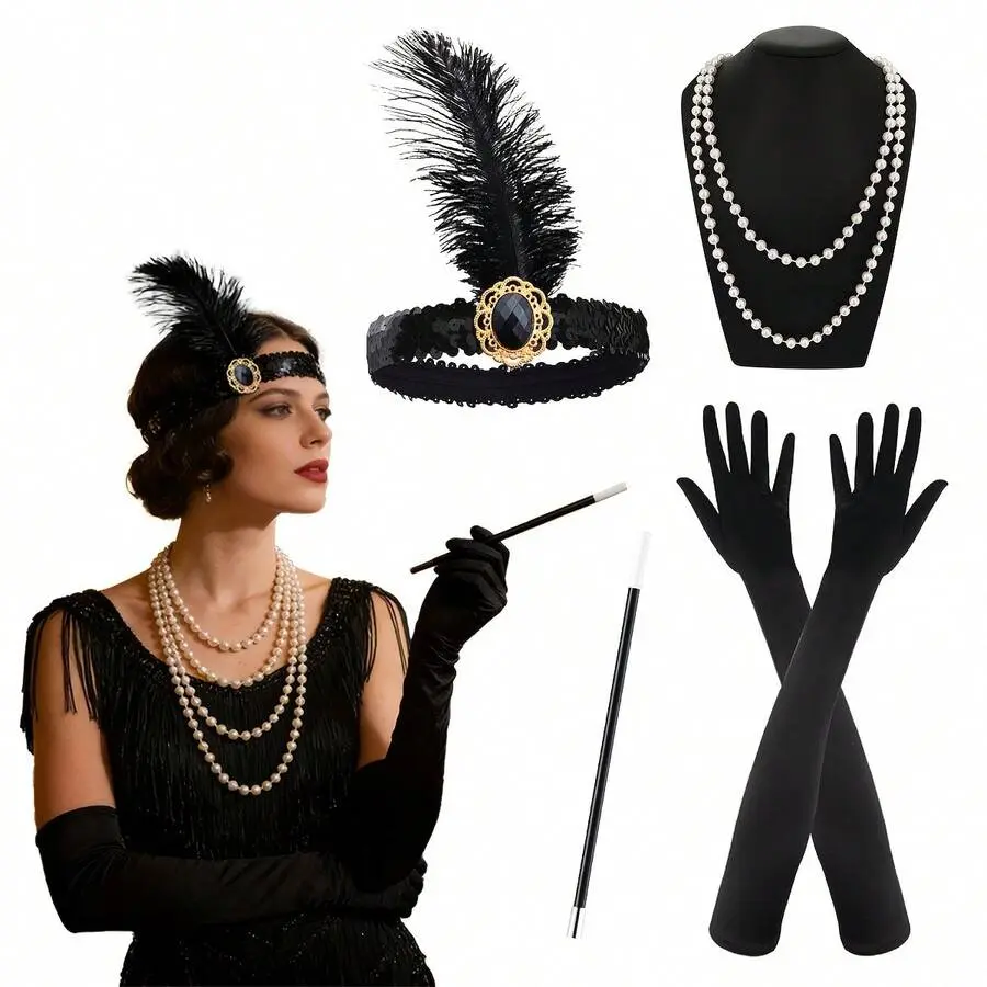 1920s Vintage Women's Popular Clothing Set, Includes 4 Pieces: Dance Dress, Black Long Gloves, Headband And Necklace,Halloween