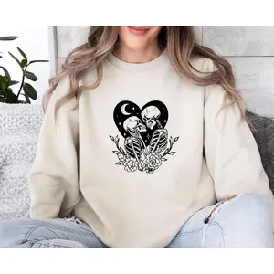 The Lovers Sweatshirt, Skeleton Couple, Funny Skeleton, Halloween Sweatshirt, Halloween Party Top, Valentine Skeleton, Valentines Day Jumper Top Classic Cotton Crewneck Sweatshirt And Elegance Hoodie