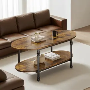 Coffee Table, 2 Tier Wood Oval Coffee Table with Roman Column Metal Legs and Open Shelf, 2-Tier Center Table for Living Room & Office