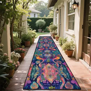 Crystal Velvet Outdoor Runner Carpet Boho Floral Rug with Beautiful Pattern Design, Soft and Washable Mat for Patio, Garden, and Camping Use, Bohemian Style Rugs