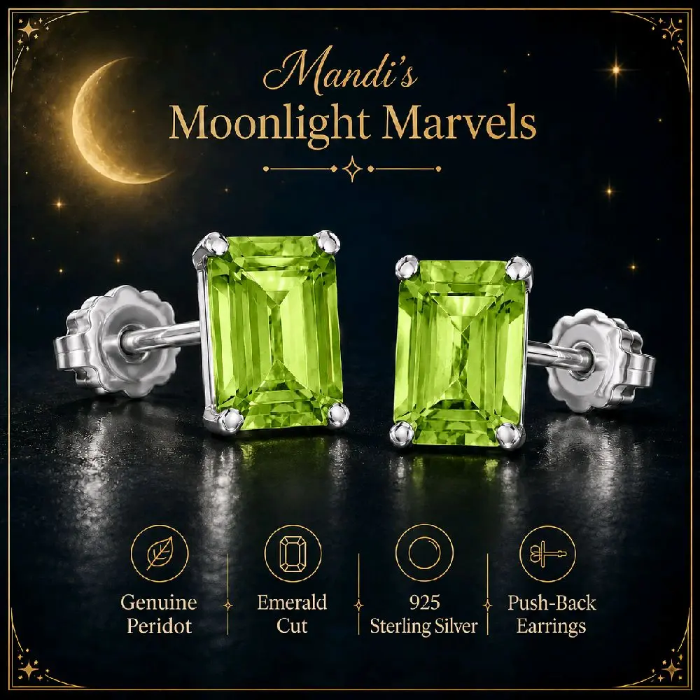 925 Sterling Silver Emerald cut Peridot Pushback Earrings