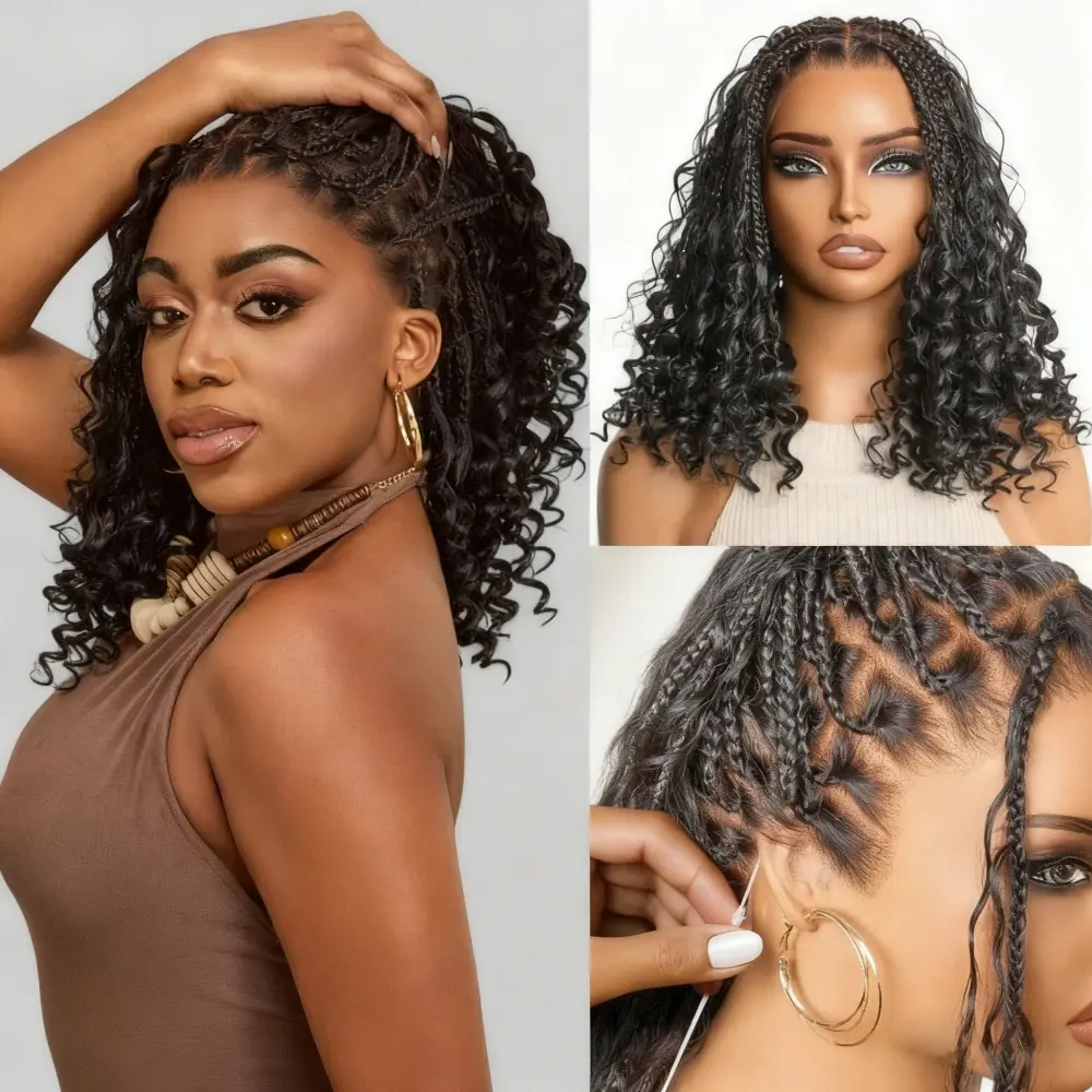 Braided Wig Knotless  Braids Wig 16''Boho Briaded Wigs Box Braid Human Hair Curls Flexi-Fit Invisi Drawstring Cap HD Full Lace Super Natural Scalp