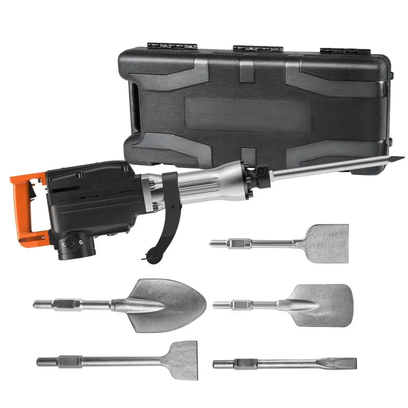 Handheld breaking hammer, 1350 BPM concrete crusher 6-piece set chisel drill bit with box, MAX 2200W heavy-duty electric rock drill with shell, black