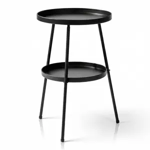 Modern 2-Tier Black Metal Round Side Table for Indoor and Outdoor Use with Stylish Double Tray Storage