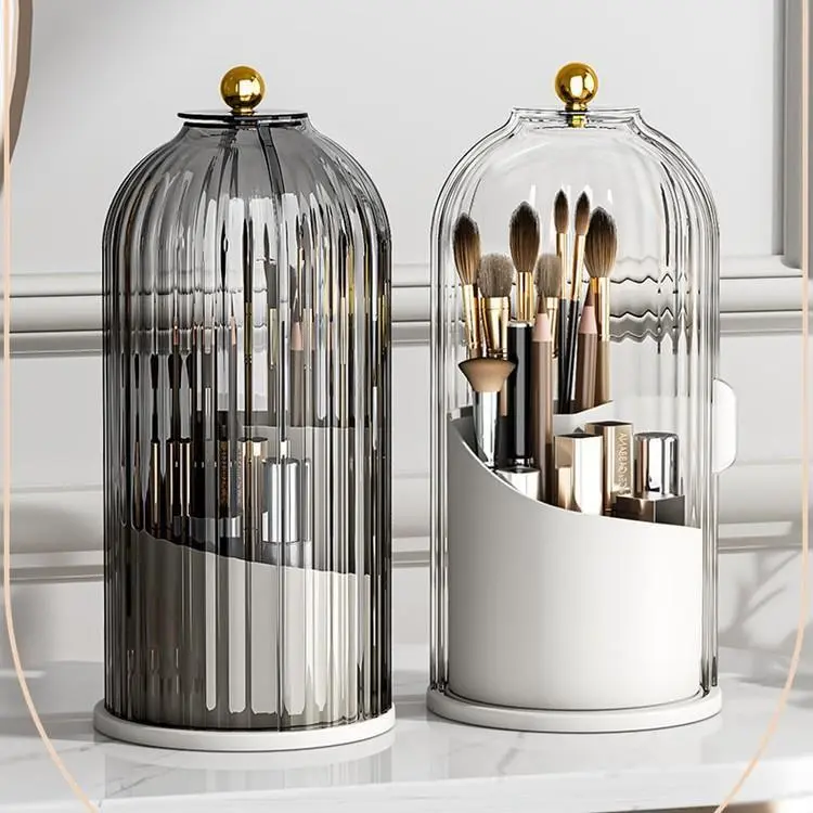 3-Slot Compact Rotating Plastic Toothbrush Holder with Sliding Transparent Lid - Decorative Bathroom Countertop Organizer Caddy for Vanity, Beauty Products, Boxes - Ideal Gift for Birthdays (Grey/White)