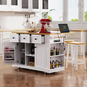 53inch Large Kitchen Island with 2 Bar Stools, Power Outlet,Door Internal Storage Rack, Kitchen Storage Cart on 5 Wheels with Drop Leaf, 5 Open Side Racks, 3 Drawers, for Kitchen,Dining Room
