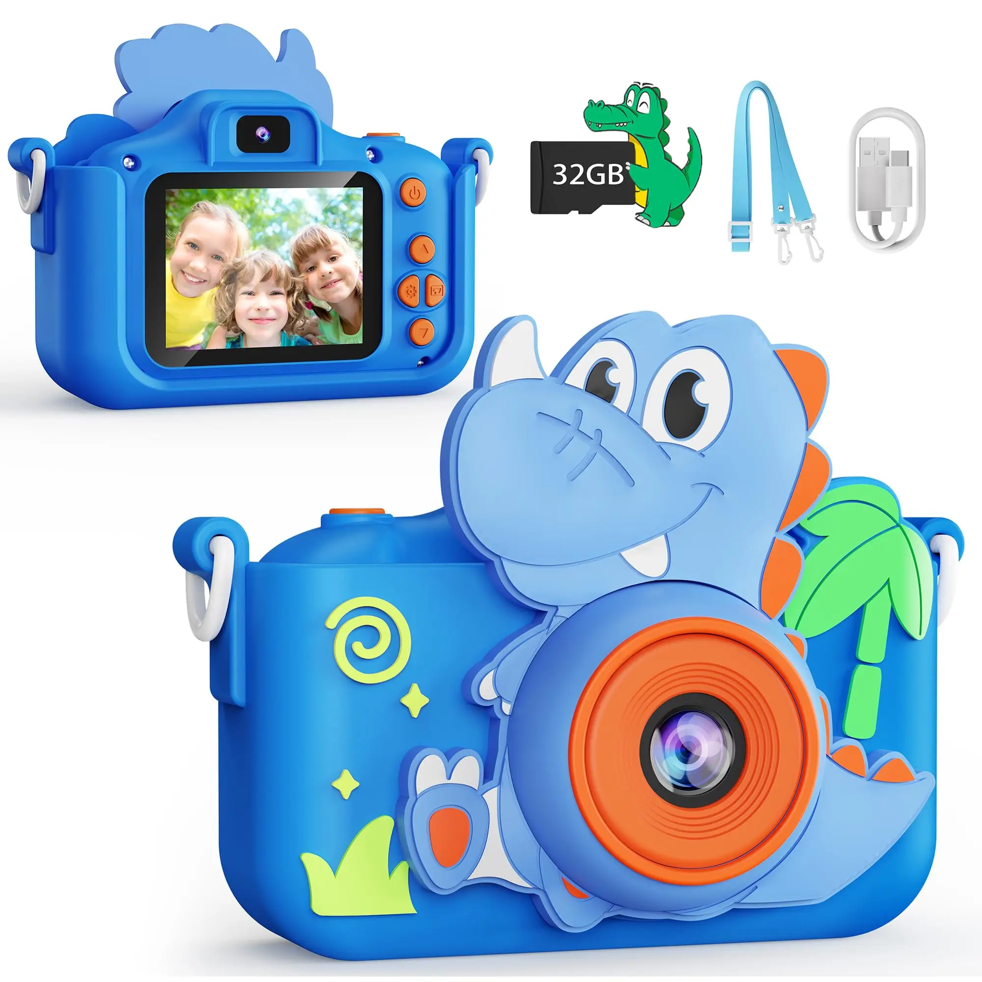 1080P Kids Camera for Kids-Dinosaur Fun Camera Toy with Dual Camera,Protective Case for Toddlers,learning Games,32G Memory Card,Travel Toys with MP3 M