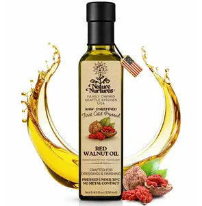 Red Walnut Oil for Cooking · Raw · Unrefined · First Cold-Pressed at Temperatures Below 30°C · Pressed Only Once · Without Metal or Wood Contact · Sourced Once Per Year · Small Batch · Handcrafted in USA · 100% Pure & Natural · Also Loved for Skin & Hair