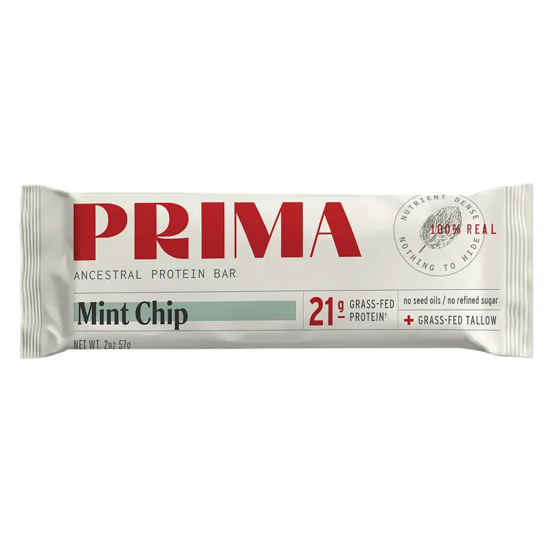 (NEW) PRIMA Ancestral Protein Bar – Mint Chip (7 Pack) | 21g Grass-Fed Whey Protein, 100% Real Ingredient Snack with Grass-Fed Tallow & Organic Raw Honey | Seed Oil Free, Gluten-Free, Low Carb Clean Energy Bar, Organic Peppermint Extract