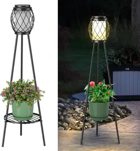 2-in-1 Solar Lights Outdoor with Plant Stand, Waterproof Vintage Solar Floor Lamp & Metal Planter Holder, Tall Geometric Lantern Tripod for Patio, Garden, Yard, Porch Decor (2 Pack)