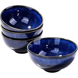 Set of 4 Blue Ceramic Rice Bowls for Soup Rice Oat, Microwave and Dishwasher Safe