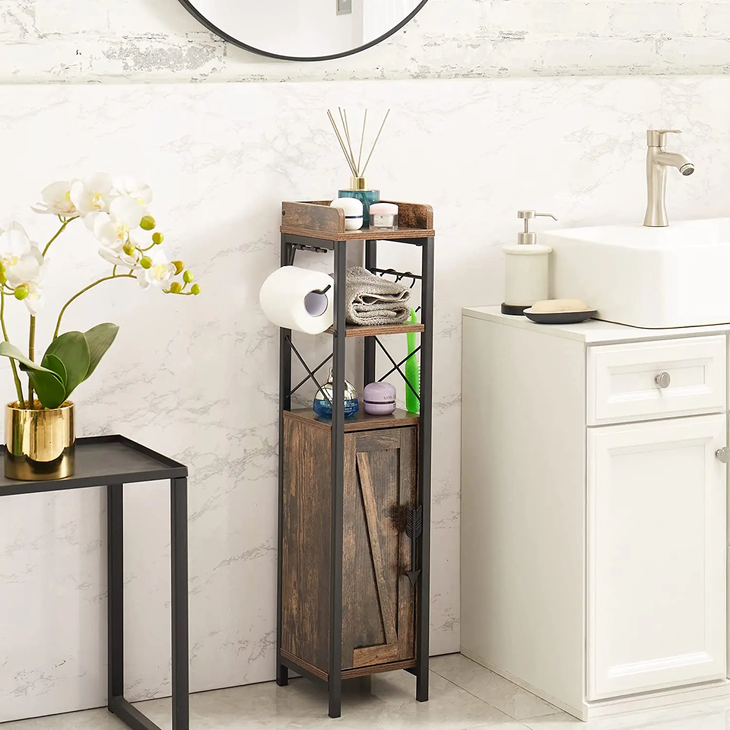 VECELO Farmhouse Free-Standing Small Bathroom Cabinet - Slim Steel Toilet Paper Holder with Door, 2-Shelf Multi-Layer Cabinet, Narrow Wood Storage Organizer with Accessory Metal Racks for Tiny Spaces