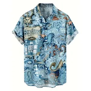 Men's Vintage Nautical Hawaiian Shirt, Retro Ocean Map Octopus Print Short Sleeve Button Down, Casual Beach Vacation Summer Top for Men