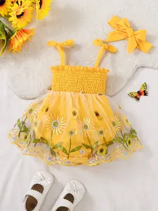 Baby Girl Sunflower Embroidered Tutu Dress Set, Bow Headband, Summer Sweet Princess Dress, Cute Toddler