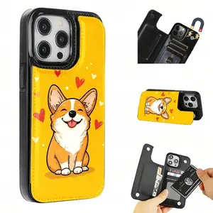 Cute Corgi Pattern Yellow Background Flip Wallet Case, Synthetic Faux Leather & PC Shockproof Protective Cover with Card Slots, Compatible with iPhone 17 Pro Max/17 Air/16 Pro/15/14 Plus/13/12 Series & Samsung S25 Ultra/S25/S24 Ultra/S23 Ultra/S22 Ultra,
