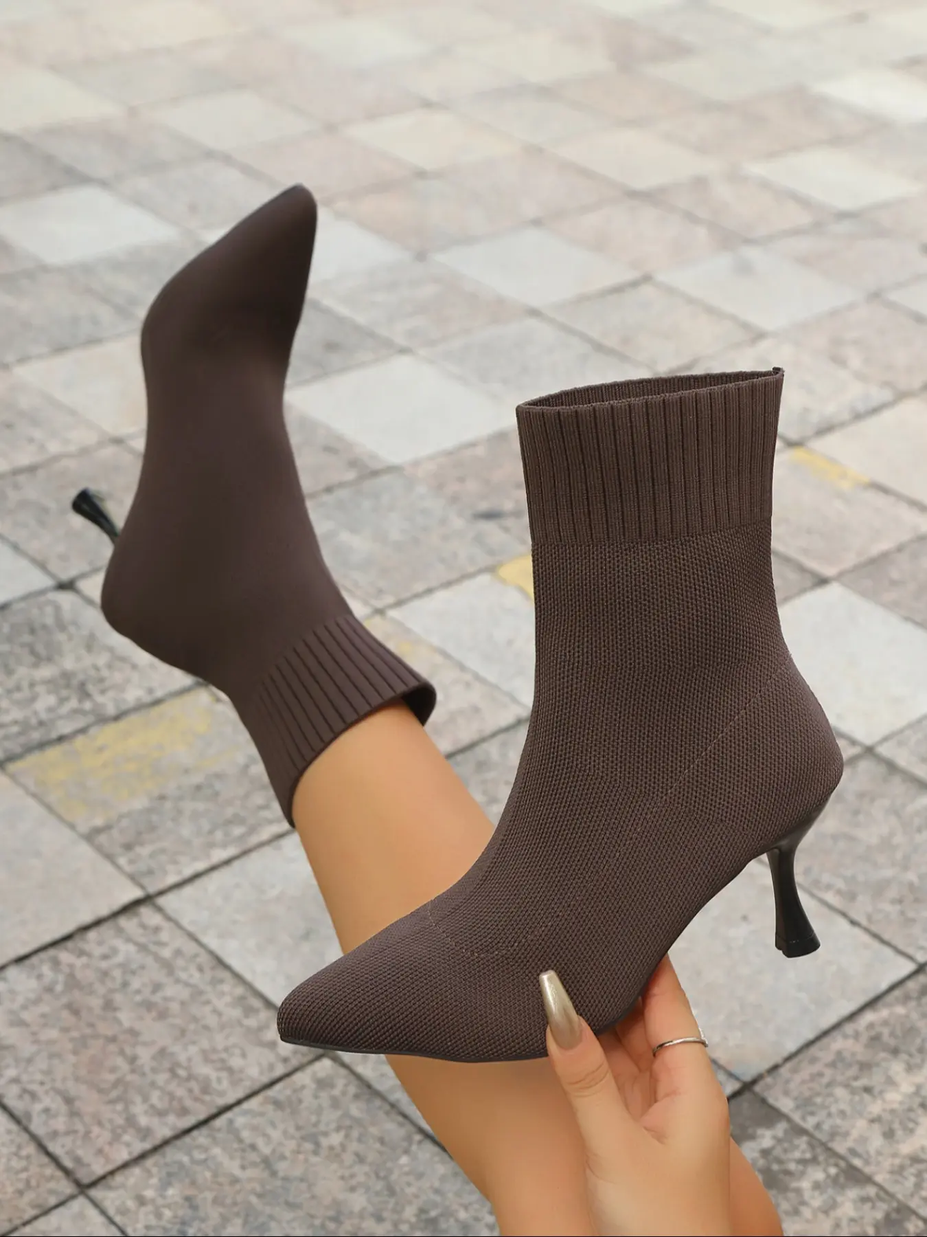 Knitted Short Boots Pointed Toe Sock Boots, Elastic Slim Fit High Heel Mid-Calf Boots, Ruched Boot, Boot Heels, Stylish Design for Women, Fashionable Boots