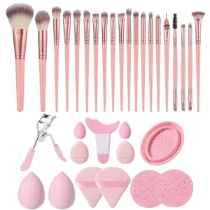 Rose Gold Makeup Set, 32-Piece Complete Kit with Brushes, Beauty Sponges, Eyelash Curler, Soft Bristles, Essential Makeup Tools, Eyeshadow Brush Set