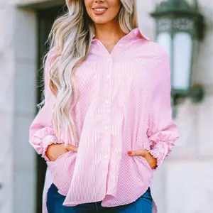 Women's 2 Colors Oversize Smocked Cuffed Striped Boyfriend Shirt with Pocket