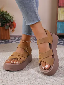 New Thick Sole Cross Sandals, Street Style Leopard Pattern, Comfortable Height Boost, Casual Above Ankle Sandals, Rubber Sole