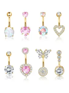 8 Pcs Trendy Floating Belly Button Ring Dangle 14G Surgical Stainless Steel Hypoallergenic Pink Heart Butterfly Navel Piercing Jewelry for Women