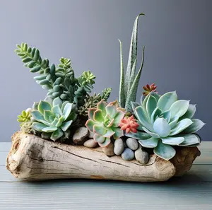 Handmade Natural Eucalyptus Wood live Succulents Arrangement Centrepiece