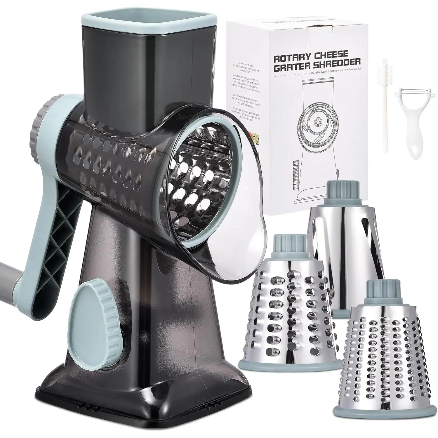 Rotary Cheese Grater with Handle Kitchen Shredder Slicer Grater Slicer Ice Shaver Cheese Vegetable Nuts Potato Zucchini Chocolate 3 Interchangeable Blades (GreyBlue)XXUrbanPorch4