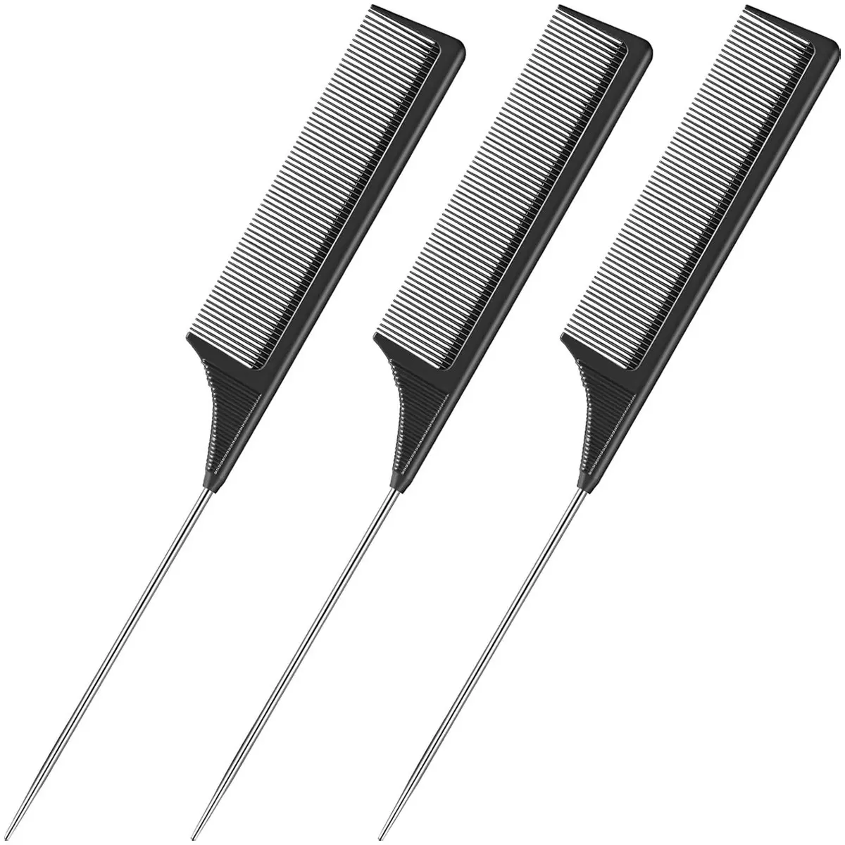 3 Packs Rat Tail Comb Steel Pin Rat Tail Carbon Fiber Heat Resistant Teasing Combs Hair Styling Combs with Stainless Steel Pintail Durable Hairdressing Comb Comb Type Hair Tools