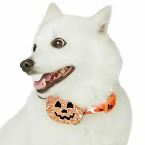 Halloween Pumpkin Glitter Dog Collar With Ghosts Bats