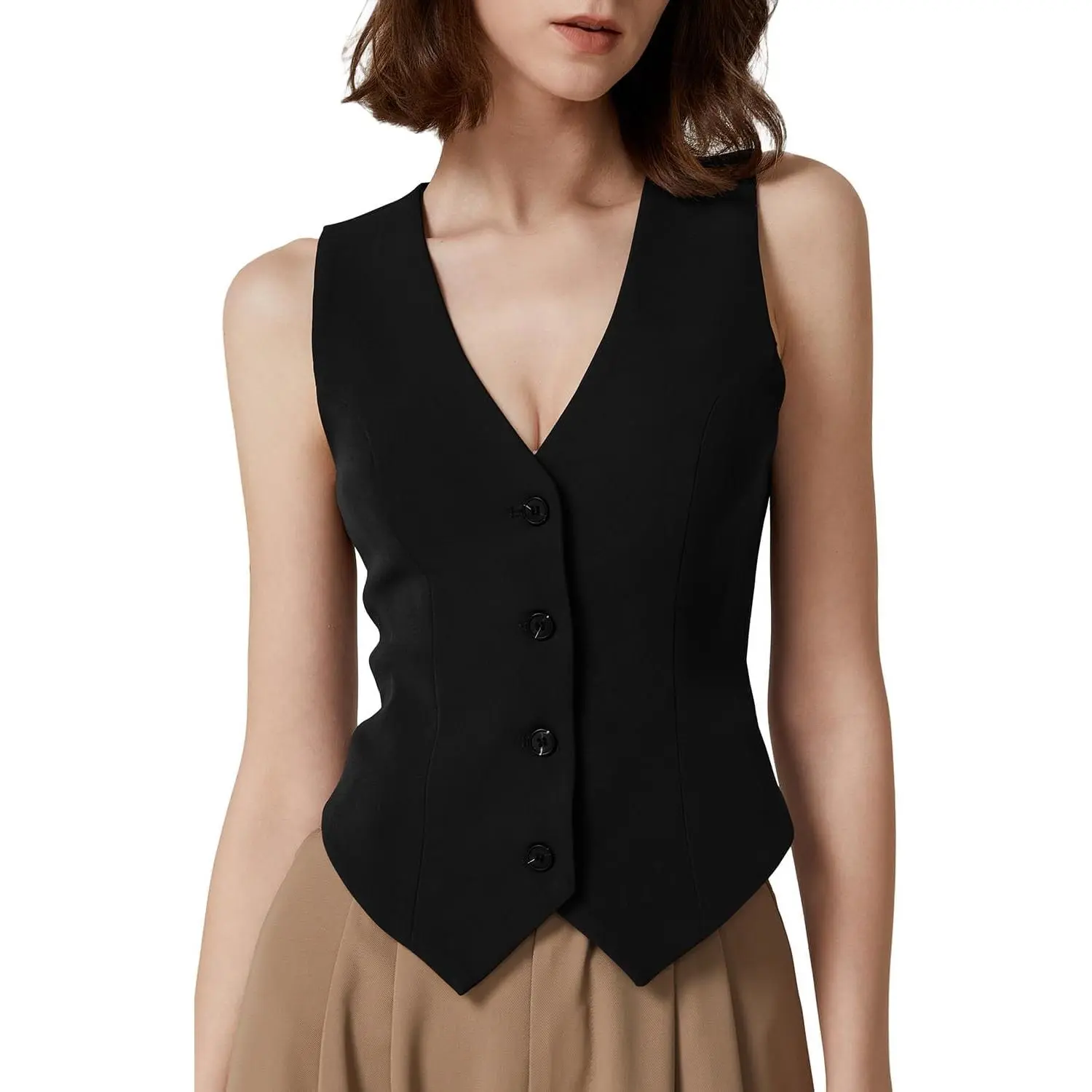 QINSEN Womens V Neck Vest Top Sleeveless Button Down Fully Lined Solid Going Out Crop Tops
