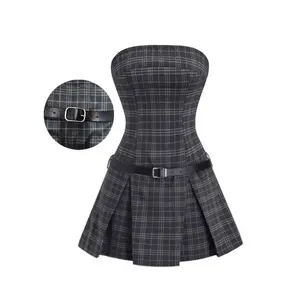 Women's Pleated Hem Bandeau Dress, Summer Dresses For Women, Off-Shoulder Bandeau, Plaid Casual Dress, Sexy and Slimming, With Belt, A-line, gray
