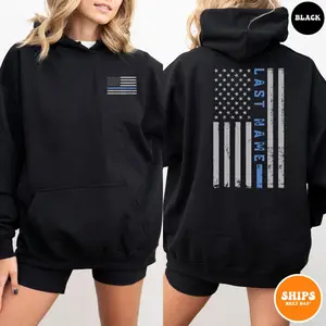 Custom Last Name Police Tee & Crewneck – Thin Blue Line American Flag Hoodie
